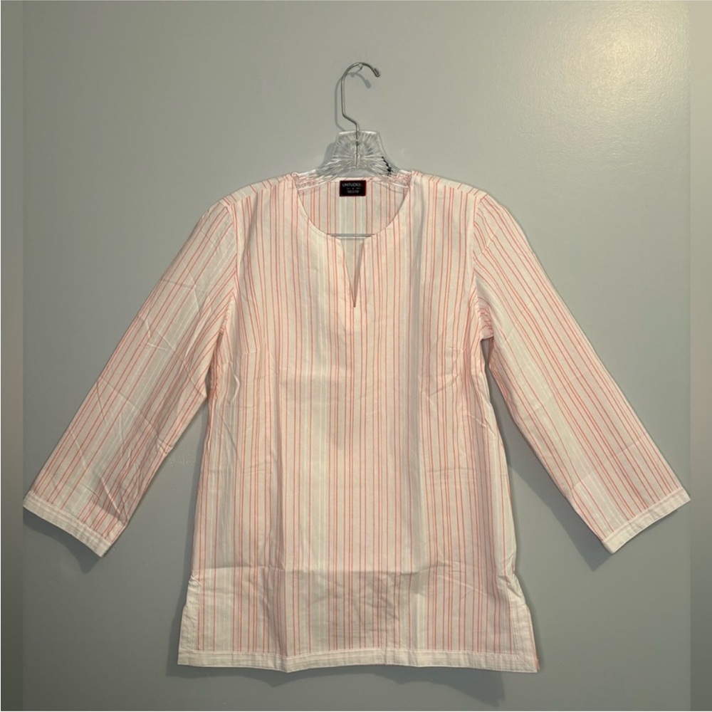 UNTUCKit Women's NWT Size 8 Durfort Pink Striped Blouse Tunic 3/4 Sleeve Shirt